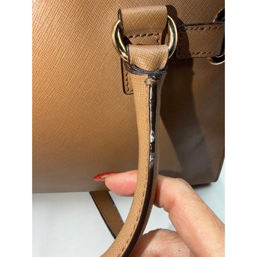 Michael Kors Hamilton Satchel Luggage Brown Saffiano Leather Handbag Gold Tone